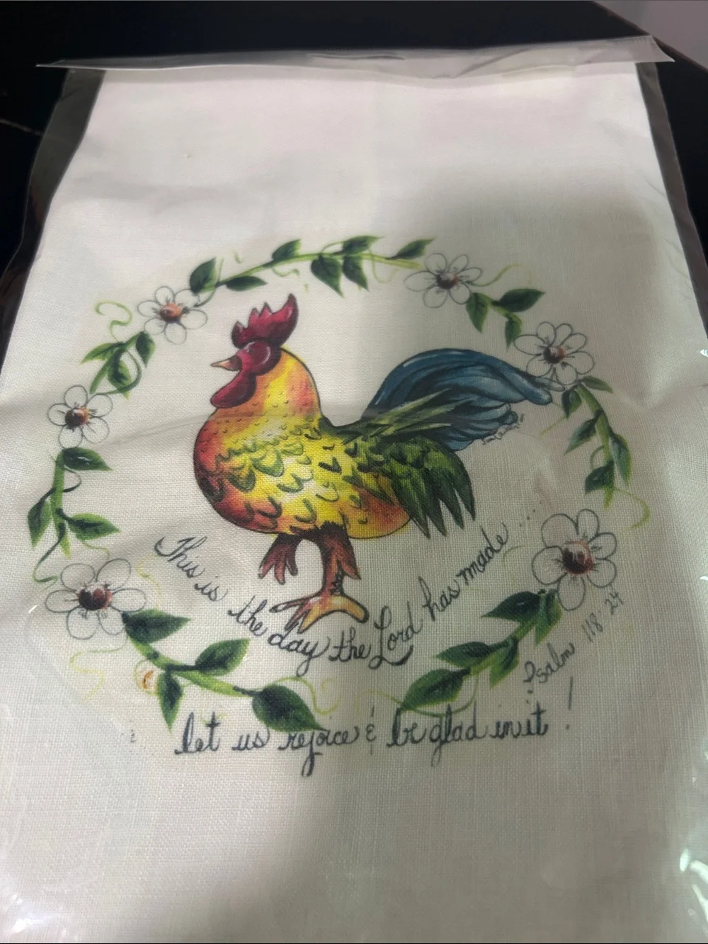 White Rooster Flour Sack Kitchen Towel - Psalms 118